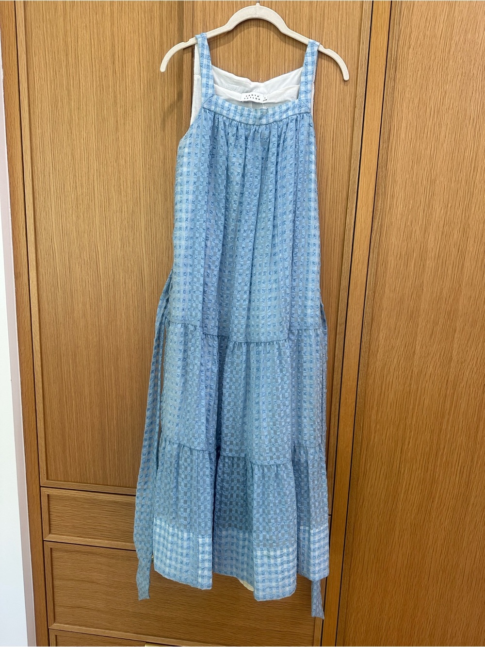 Tanya Taylor Light Blue Tiered Gingham Maxi Dress